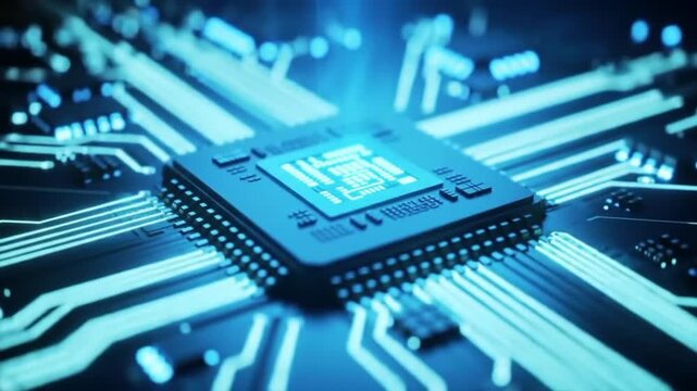 Close-up macro of a digital computer circuit board showing microchips and electronic components for data processor  technology 