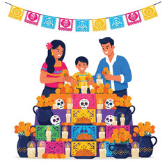 Illustration of a Latin American family celebrating Day of the Dead with an altar decorated with flowers, skulls and candles on a white background with a colorful banner.