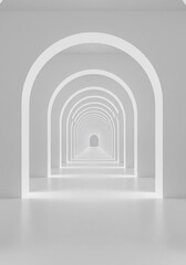 Fototapeta premium A minimalist white corridor with glowing arches leading to infinity