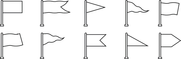 Black flag icon set, collection and group of flagpole symbols in line style, minimalist banner, pennant, marker, and sign design vector illustration, silhouette and outline black vector collection
