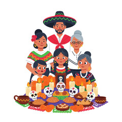 Illustration of a happy Hispanic family celebrating a festive meal with traditional food and decorations on a colorful tablecloth against a clean white background.