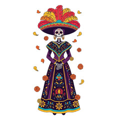 Illustration of a sugar skull woman wearing a colorful dress and sombrero, surrounded by falling flowers against a white background.
