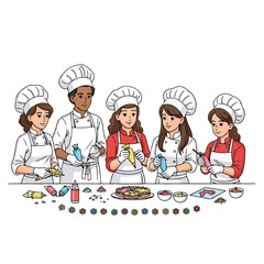 Illustration of five diverse children wearing chef hats and aprons decorating colorful cupcakes with icing and sprinkles on a table.