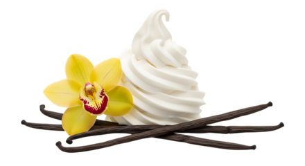 Soft serve vanilla ice cream with orchid and vanilla beans isolated on transparent background