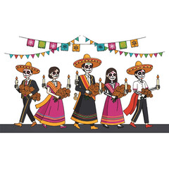 Illustration of a colorful group of mariachi skeletons wearing traditional Mexican clothing and playing guitars in a festive procession with a banner of flags.