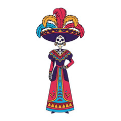 Colorful illustration of a sugar skull woman wearing a large sombrero and traditional dress on a white background.