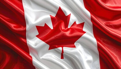 A close-up view of the Canadian flag with the maple leaf prominently displayed, showing flowing fabric.