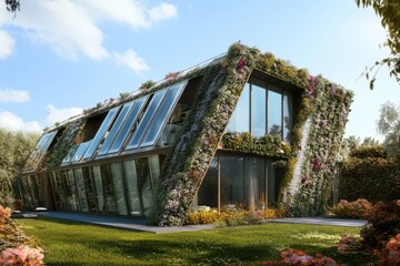 Obraz premium Modern eco-friendly house covered in greenery surrounded by nature during daylight