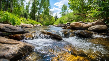 Serene stream flowing through lush green forest under bright blue sky