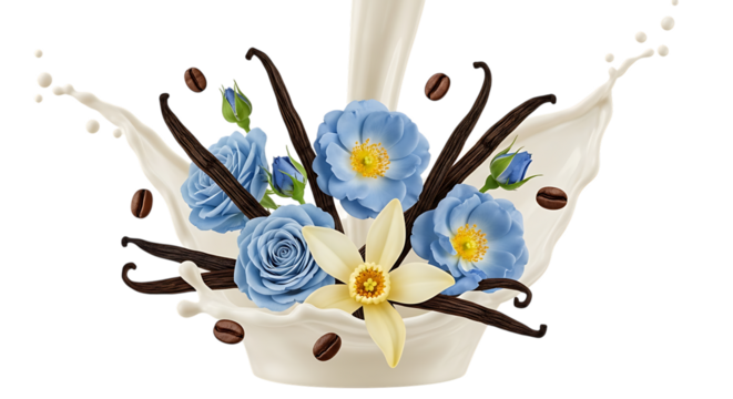 White chocolate splash with blue flowers vanilla beans and coffee beans isolated on transparent background - Powered by Adobe