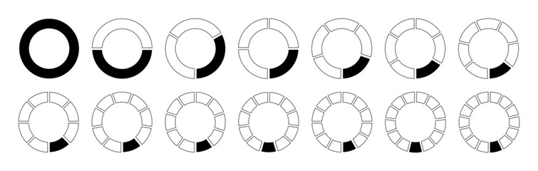 Circles divided black diagrams from 1 to 14 equal parts. Segments round divide infographics. Coaching blank. Pizza, pie graph shape section charts. 