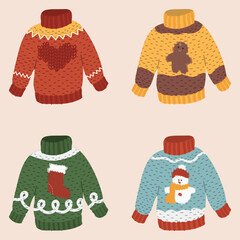 Ugly sweater collection. Four knitted Christmas sweaters. Vector illustration
