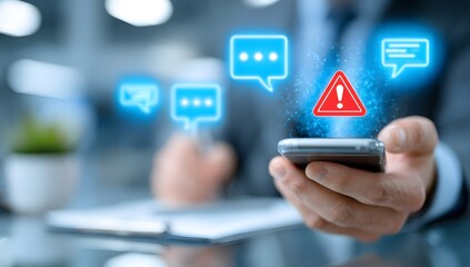 Hand Holding a Smartphone Displaying a Central Red Warning Alert Icon Surrounded by Blue Chat Bubbles. Concept of Critical Notification, Urgent Interruption, and Mobile Security Risk

