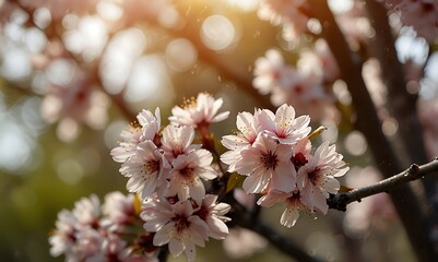 Cherry blossom tree in full bloom, petals falling in slow motion, soft bokeh background, warm sunlight, spring nature theme.