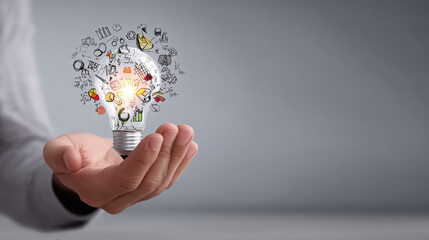 A person is holding a light bulb in their hand with copyspace