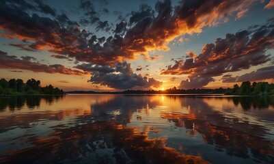 Dramatic sunset sky with glowing clouds and reflection on calm lake, vibrant warm tones, peaceful mood, ultra-realistic HDR photography.