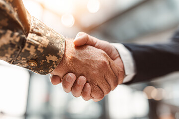 A military and a business professional shake hands, symbolizing partnership and collaboration in a professional setting.
