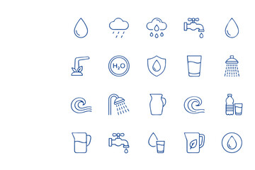 Water icon set with drops, rain, faucet, glass, shower, waves, pitcher, and hydration symbols. Clean outline design representing water conservation, purity, hydration, and environmental themes.