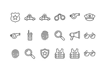 Set of police outline icons, law enforcement symbols, badge, patrol car, handcuffs, whistle, officer hat, radio, fingerprint, magnifying glass, megaphone, sunglasses, bulletproof vest vector