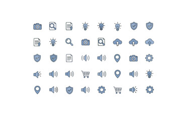 Ordered line icon set on white background with technology, communication, security, cloud upload, sound, camera, location, shopping cart, and settings symbols for digital interface design