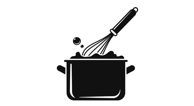 Black and white illustration of a whisk stirring ingredients in a pot, with bubbles rising.
