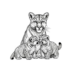 Mother Cougar With Two Adorable Cubs In A Tender Moment.