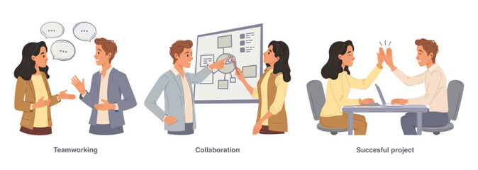 Business Concept of teamwork and collaboration for successful project. Men and women taking part in office work scenes. Vector illustration