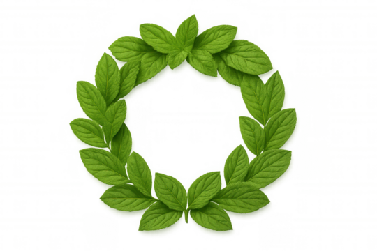 Fresh green mint leaves forming a round border frame with transparency for natural design concepts