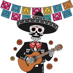 Fototapeta premium A colorful skeleton dressed in a black charro suit and sombrero plays a guitar under vibrant papel picado banners and surrounded by festive decorations.