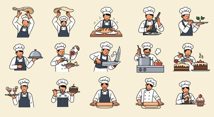Collection of cartoon chef illustrations depicting various cooking and baking actions, including preparing dough, slicing meat, and serving dishes.