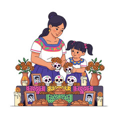Fototapeta premium Illustration of a woman and a girl decorating a Day of the Dead altar with sugar skulls and marigolds against a plain white background.