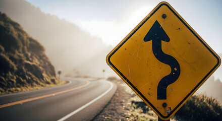 Winding Road Ahead Road Sign Warns of Sharp Turns.