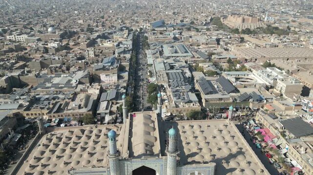 Aerial view of Herat City Citadel Great Mosque University Streets of Afghanistan