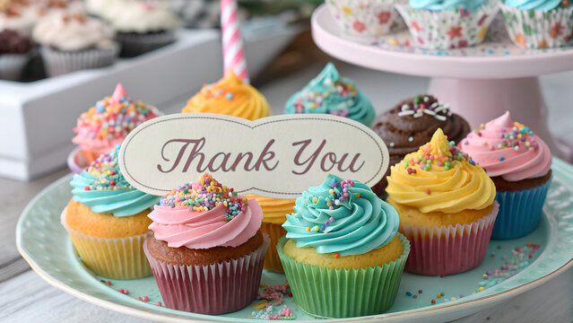 Assorted colorful cupcakes with thank you sign - Powered by Adobe