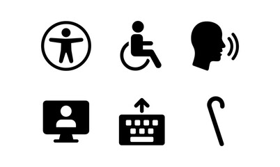 Accessibility icons set featuring disability, assistive technology, and user interface symbols