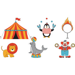 Colorful collection of cute cartoon circus characters and elements.