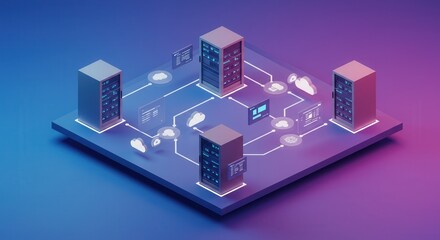 Modern server network showcasing cloud computing and data flow on vibrant blue and purple background, ideal for illustrating IT infrastructure and digital transformation