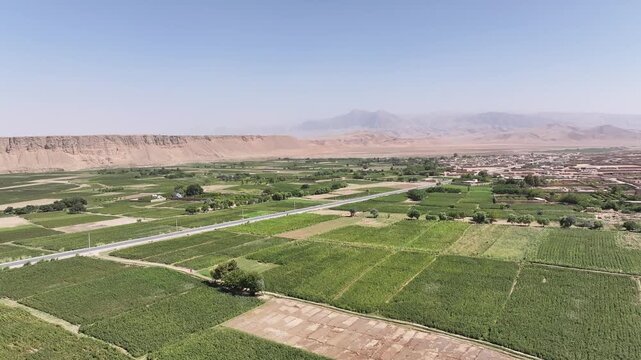 Balkh, Afghanistan. Drone Shot of Agricultural Fields and Road in City Suburbs, Landscape on Sunny Day