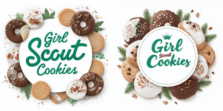Circular "Girl Scout Cookies" logo in green cursive, surrounded by decorated cookies and chocolate-covered treats, all against a clean white background in vector art style