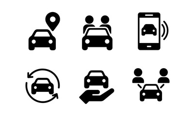 Car sharing icons set featuring carpooling, location, and mobile connectivity in black silhouette style