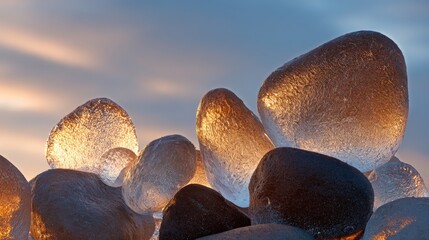Illuminated ice rocks at sunset with textured details and soft color palette