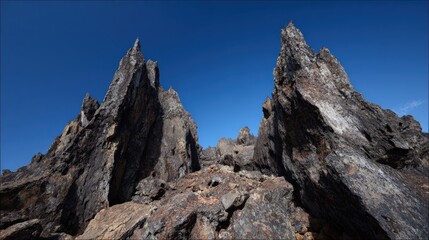 Fototapeta premium Majestic rocky peaks under clear blue sky captured from ground level
