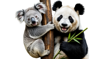 A koala and a panda bear are friends on a white background.