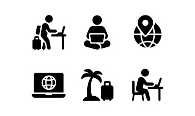 Silhouette travel and remote work icons for digital nomads
