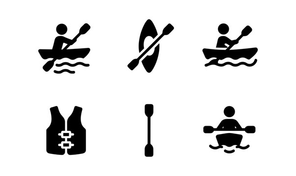 Set of kayaking icons: adventure symbols with paddles, boats, and gear