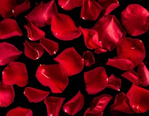 黒い背景に赤いばらの花びらが舞っているシームレスの背景