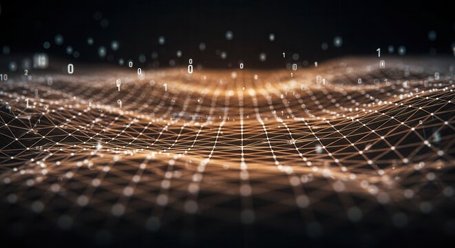 Futuristic networking data visualization with glowing binary code and interconnected digital nodes, perfect for innovative technology concepts and cutting-edge business solutions