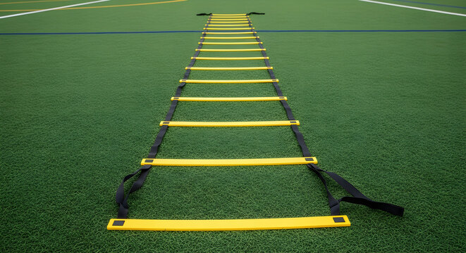 Yellow agility ladder for speed and footwork training on a green artificial turf field. - Powered by Adobe