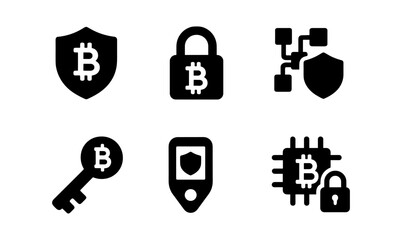 Cryptocurrency security icons: bitcoin shield, lock, blockchain network, key, wallet, circuit lock