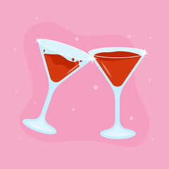 Festive cocktail glasses clink with sparkle. Vibrant cheers in pink vector illustration